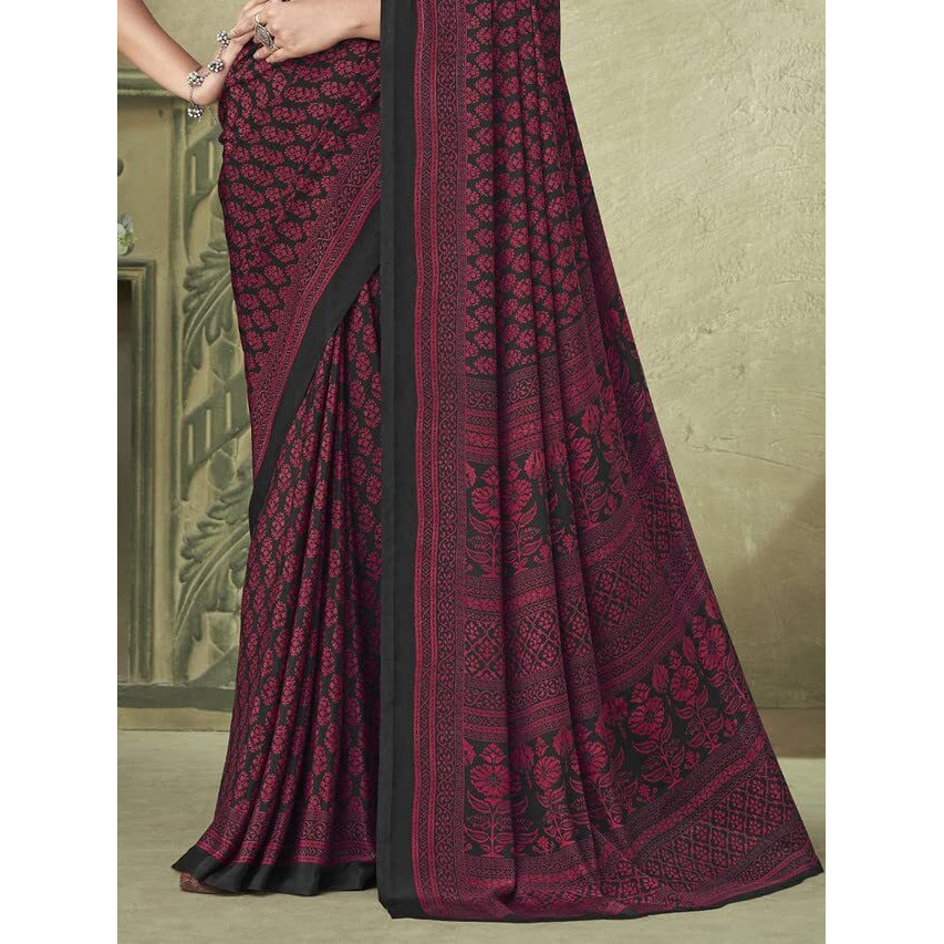 Satrani Women's Silk Crepe Floral Printed Saree With Unstitched Blouse Piece(2858S2465N_Dark Pink & Dark Grey)