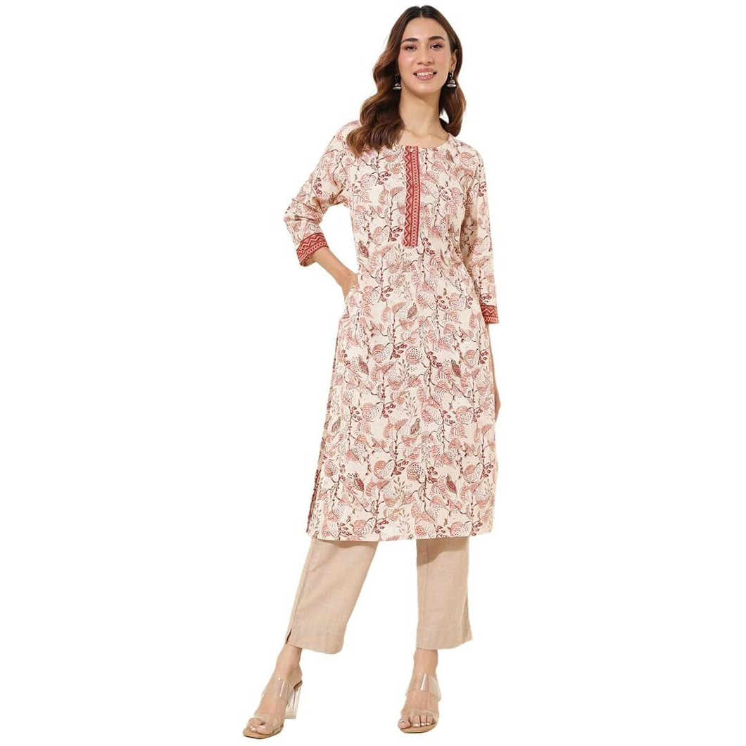 Fabindia Women's Cotton Printed Regular Kurta (1037272Peach_Peach