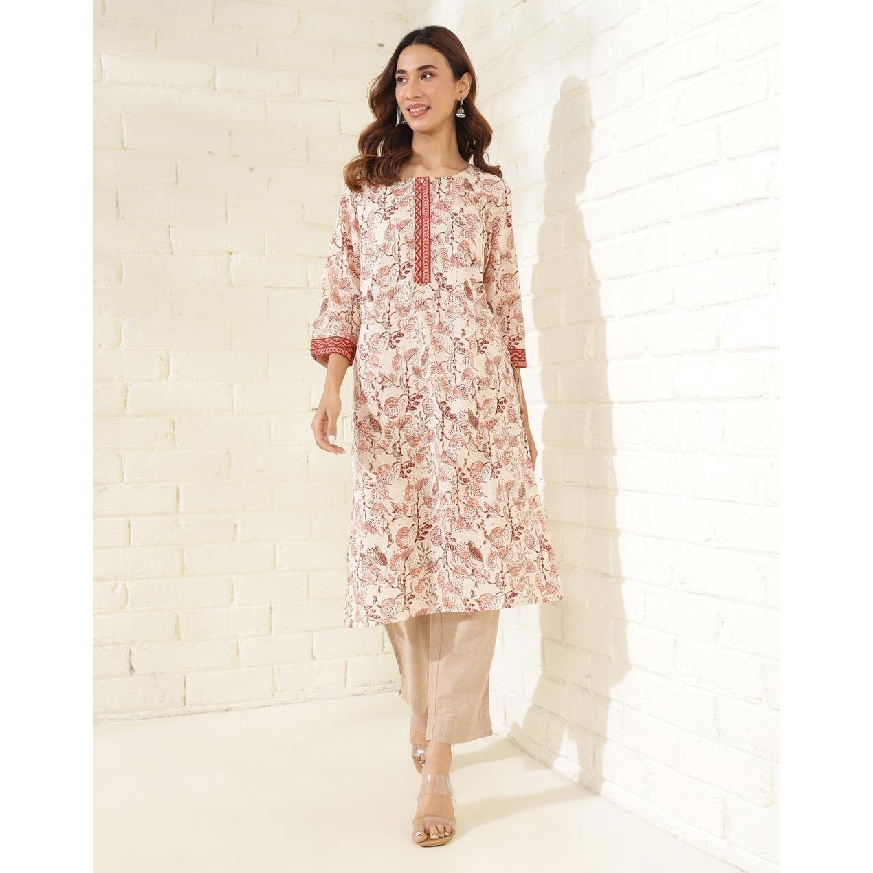 Fabindia Women's Cotton Printed Regular Kurta (1037272Peach_Peach