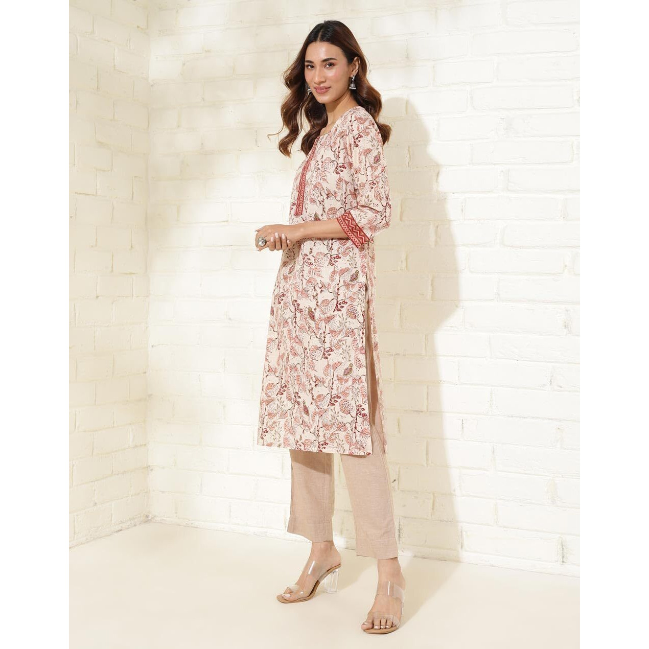 Fabindia Women's Cotton Printed Regular Kurta (1037272Peach_Peach