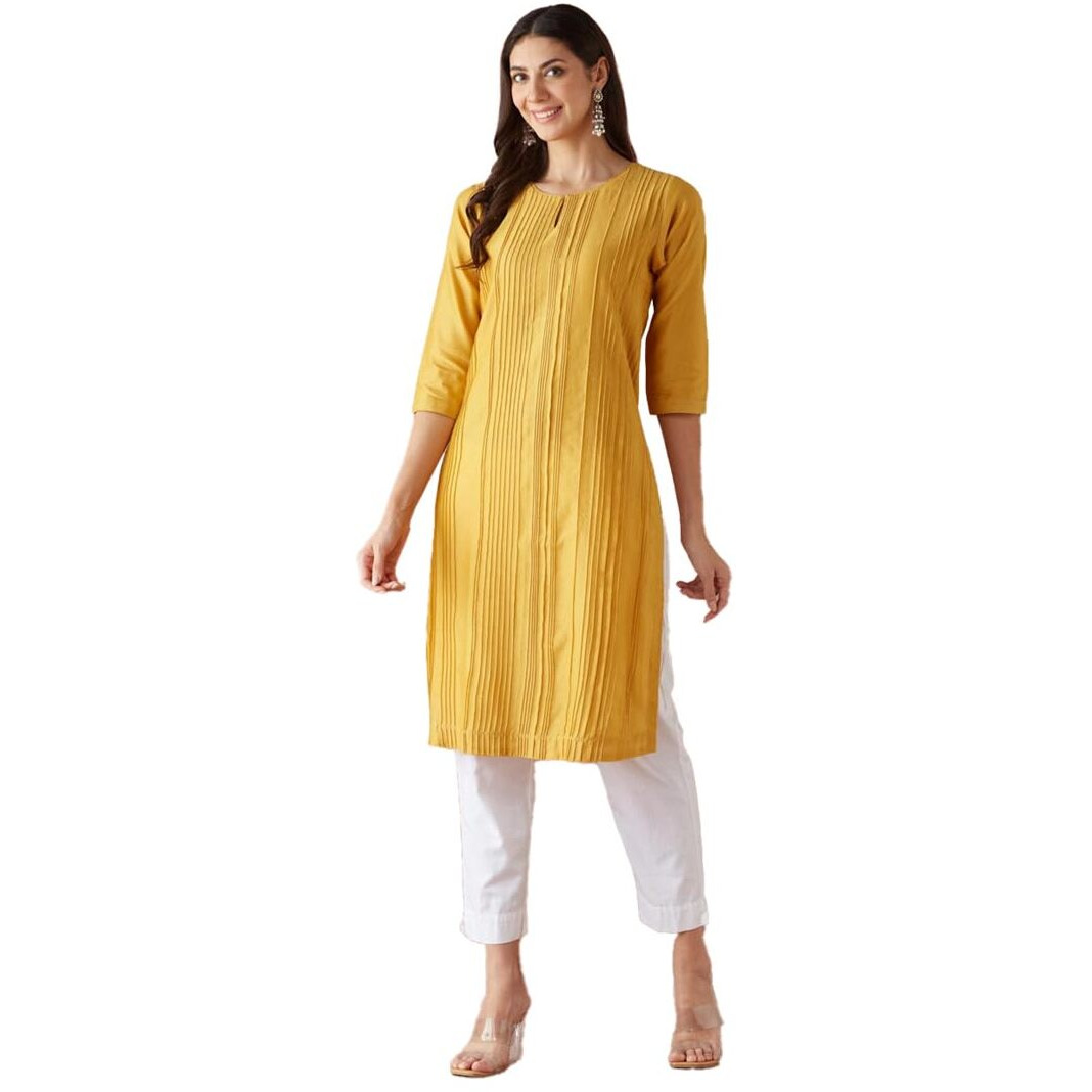 Fabindia Women's Cotton Silk Woven Regular Fit Kurta (1039091Mustard_Mustard