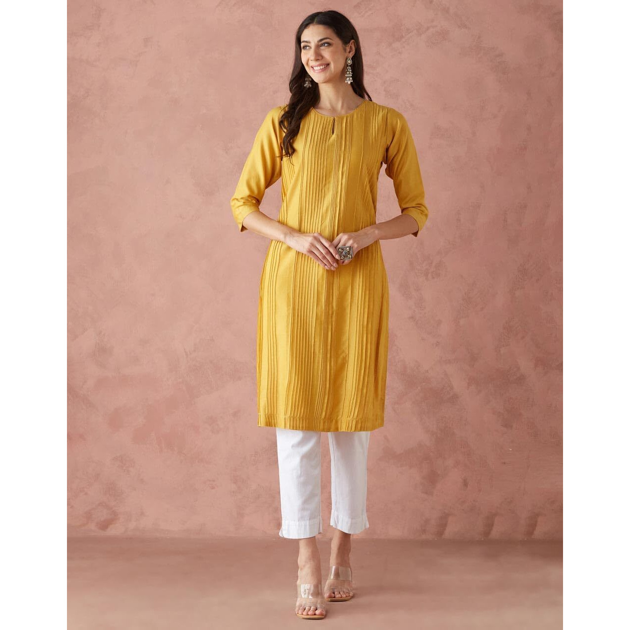 Fabindia Women's Cotton Silk Woven Regular Fit Kurta (1039091Mustard_Mustard