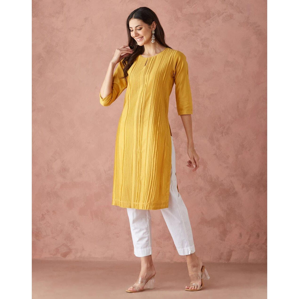 Fabindia Women's Cotton Silk Woven Regular Fit Kurta (1039091Mustard_Mustard