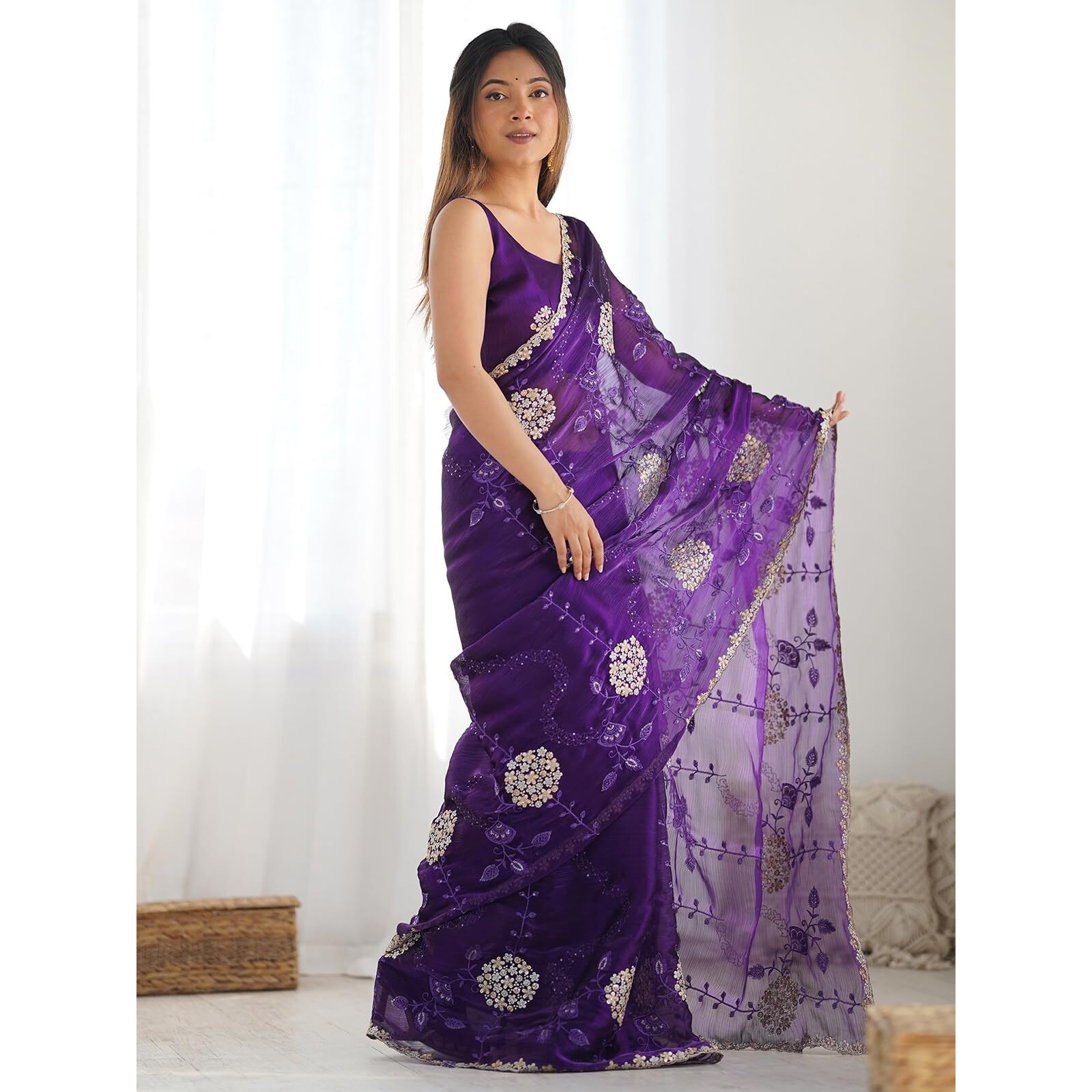 Satrani Women's Shimmer Chiffon Embroidery And Sequin Work Saree With Unstitched Blouse Piece (4136S151N_Dark Purple)
