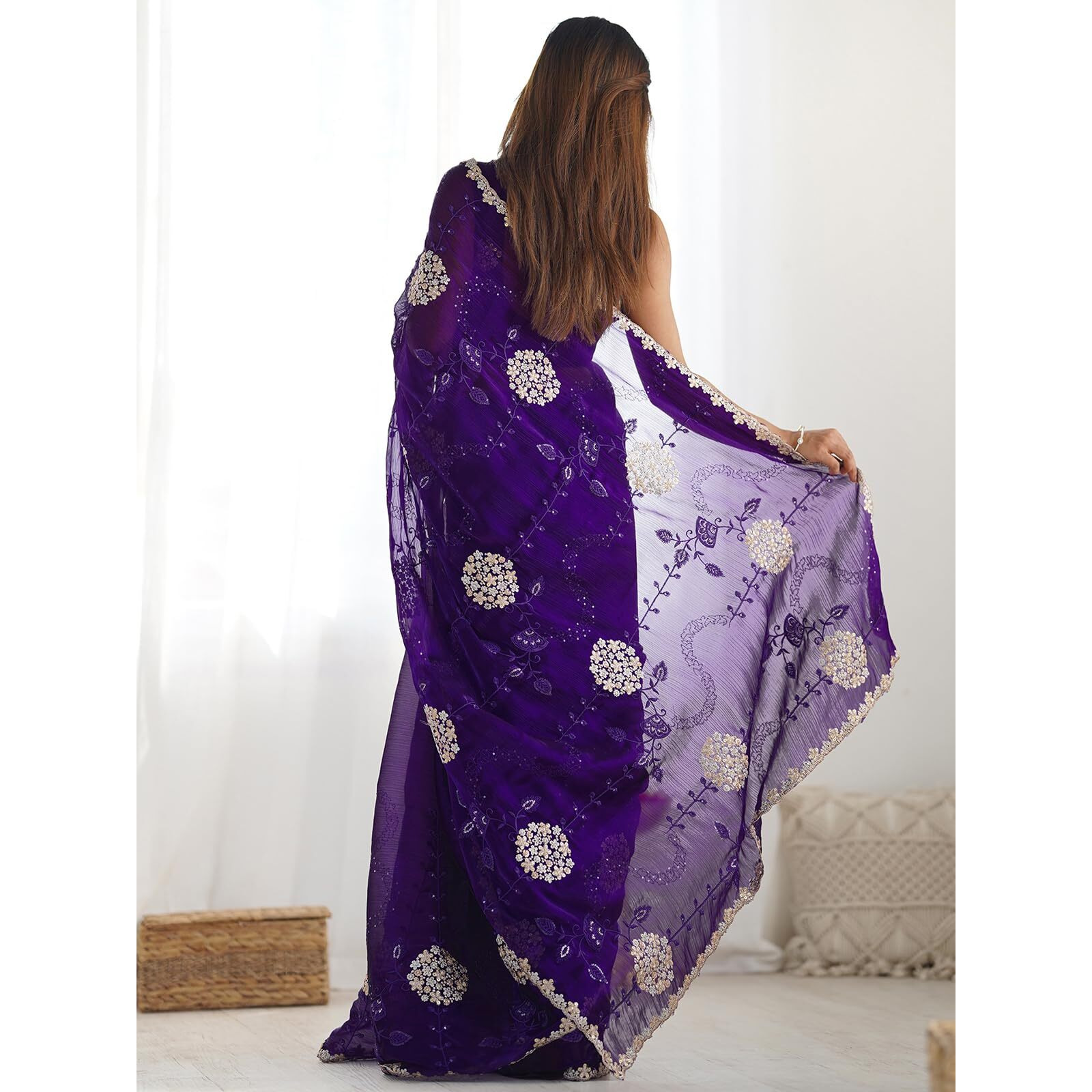 Satrani Women's Shimmer Chiffon Embroidery And Sequin Work Saree With Unstitched Blouse Piece (4136S151N_Dark Purple)