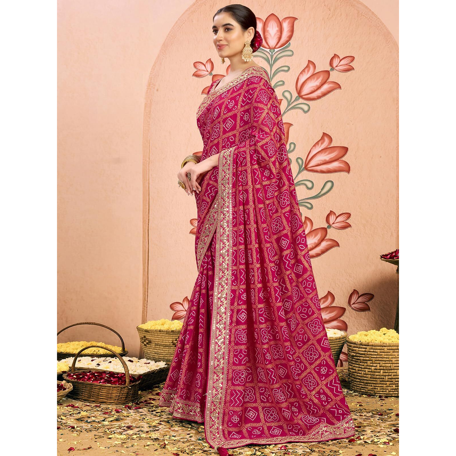 Satrani Women's Georgette Sequin Embroidery Lace & Bandhani Foil Printed Saree With Unstitched Blouse Piece (4114S659N_Rani Pink)