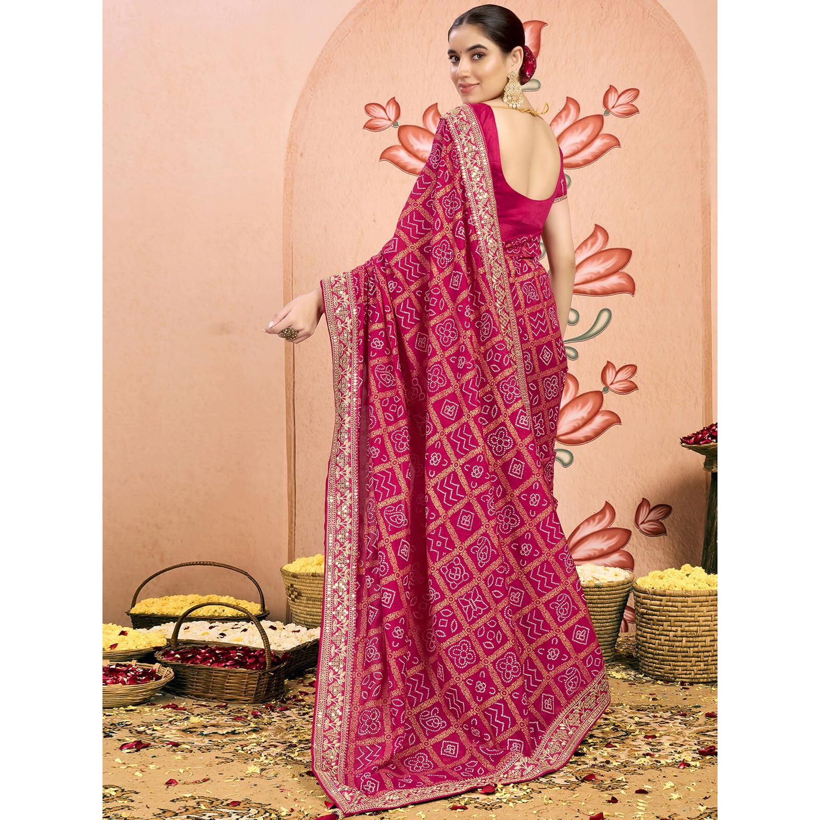 Satrani Women's Georgette Sequin Embroidery Lace & Bandhani Foil Printed Saree With Unstitched Blouse Piece (4114S659N_Rani Pink)