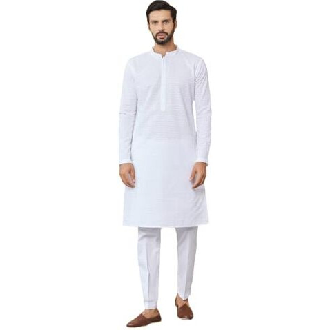 See Designs Men's Long Sleeve Mandarin Collar Side Slit White Embroidered Chikankari Pure Cotton Straight Kurta With Pyjama - Sdkt256001L