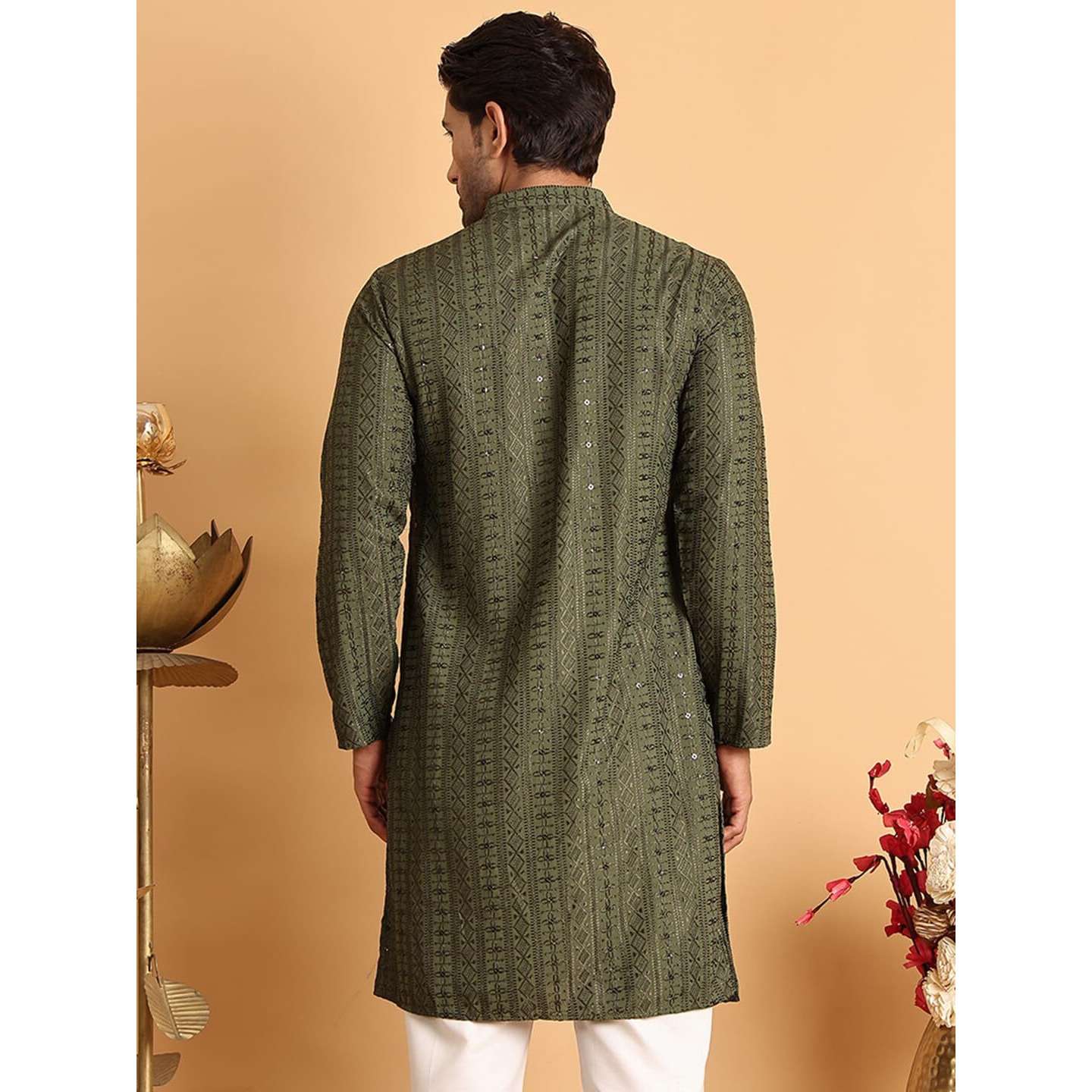 Jompers Mehndi Embroidered Straight Kurta Only For Men (Mehndi, Xl)