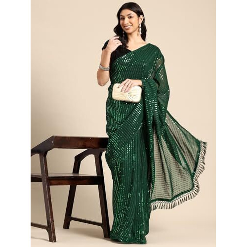 Shiv Textiles Women's Georgette Sequins Ready To Wear One Minute Saree For Women With Unstitched Blouse. (St-R-12-Green)