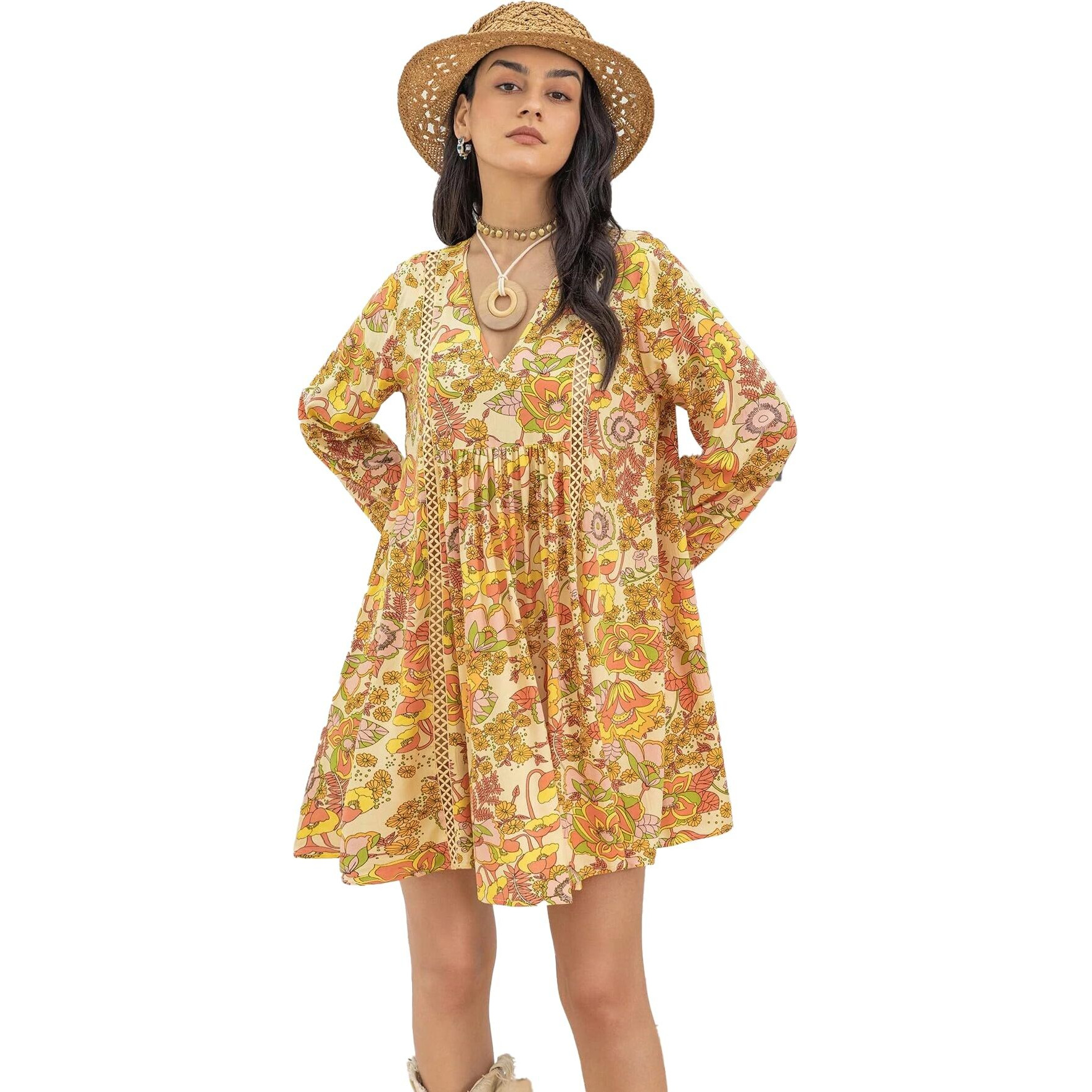 Smowkly Floral Print Bishop Sleeve Smock Dress 1241_Ylw_L Yellow