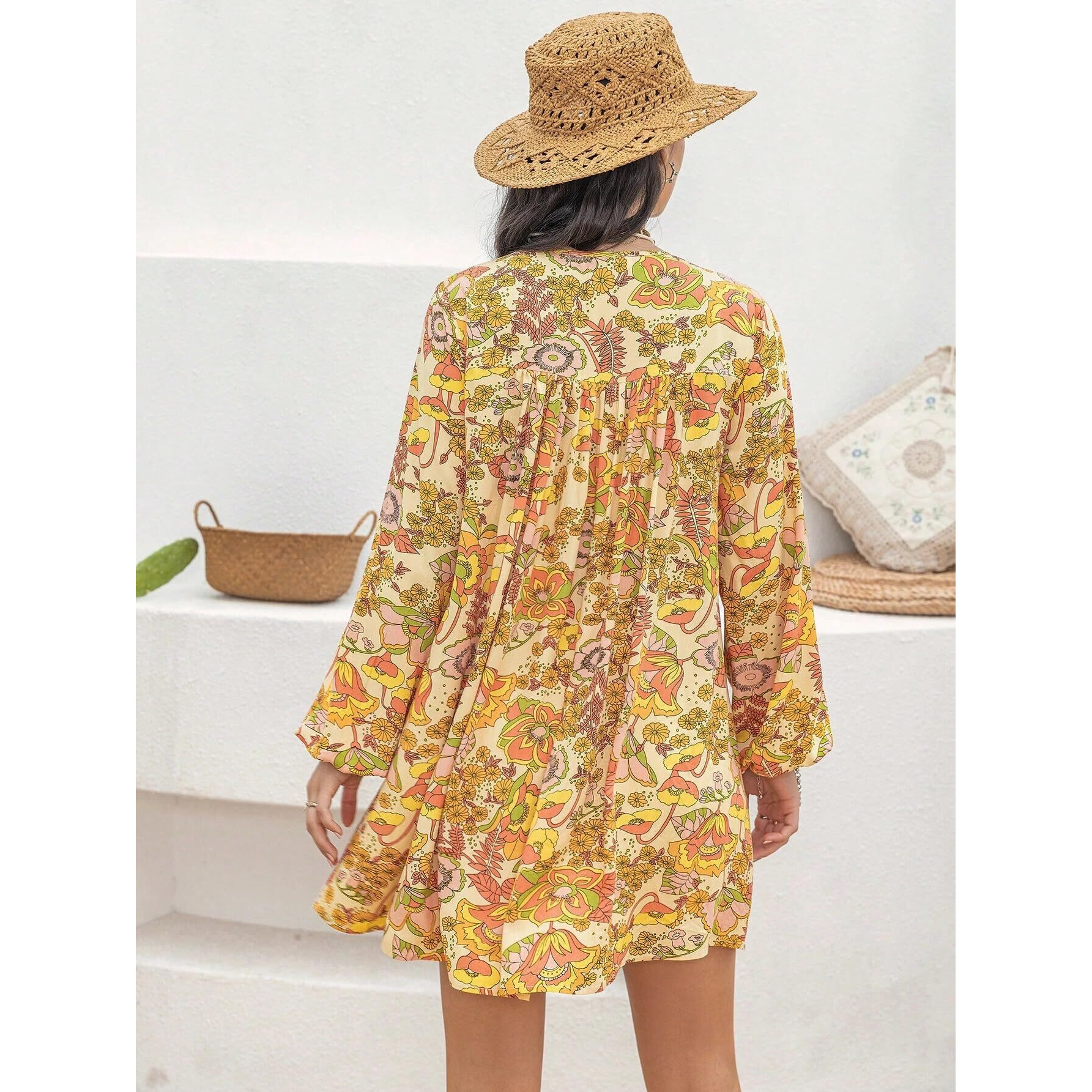 Smowkly Floral Print Bishop Sleeve Smock Dress 1241_Ylw_L Yellow