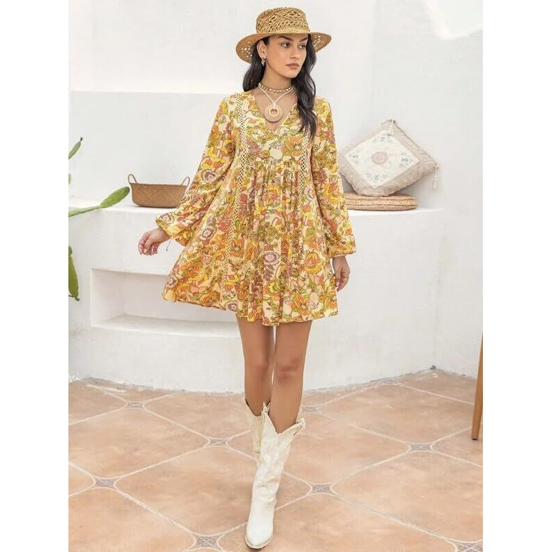 Smowkly Floral Print Bishop Sleeve Smock Dress 1241_Ylw_L Yellow