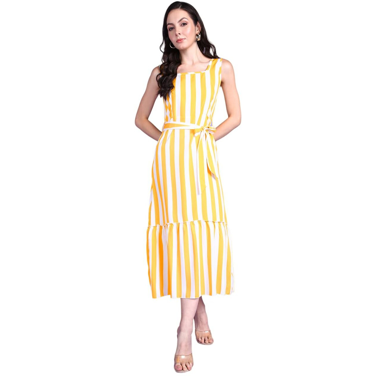 Popwings Women Casual Yellow & White Stripe Long Belt Dress | Women Dress | Women Latest Stylish Trendy Dress
