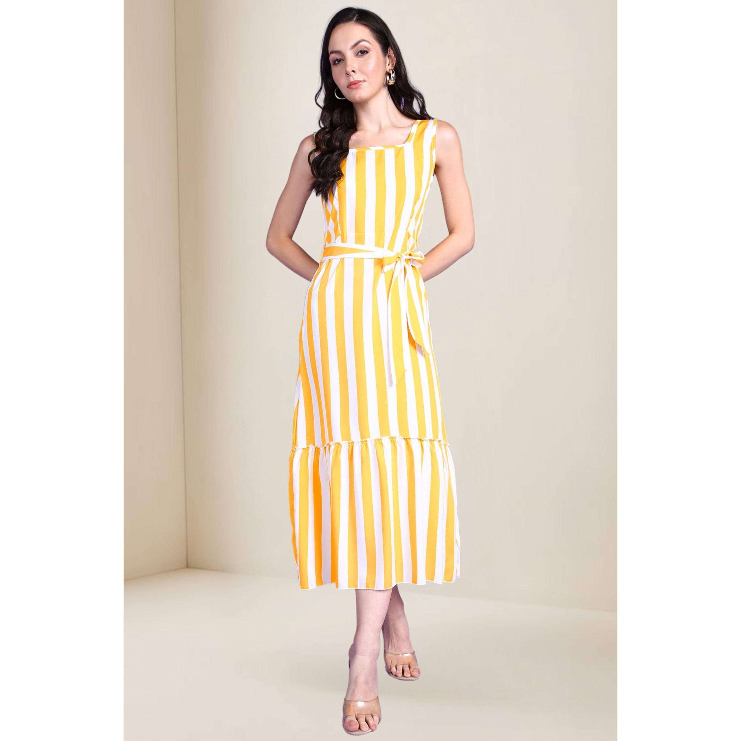 Popwings Women Casual Yellow & White Stripe Long Belt Dress | Women Dress | Women Latest Stylish Trendy Dress