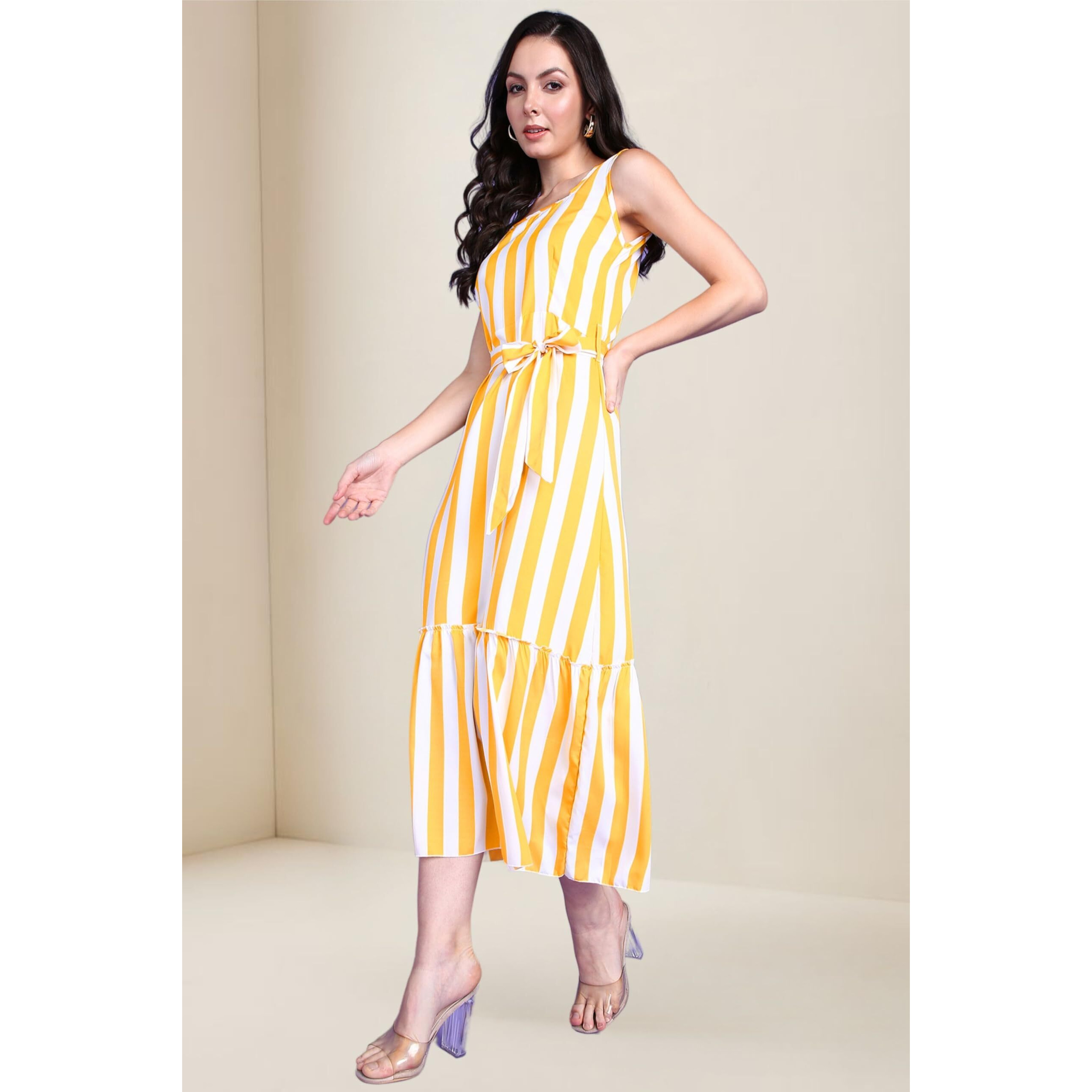 Popwings Women Casual Yellow & White Stripe Long Belt Dress | Women Dress | Women Latest Stylish Trendy Dress