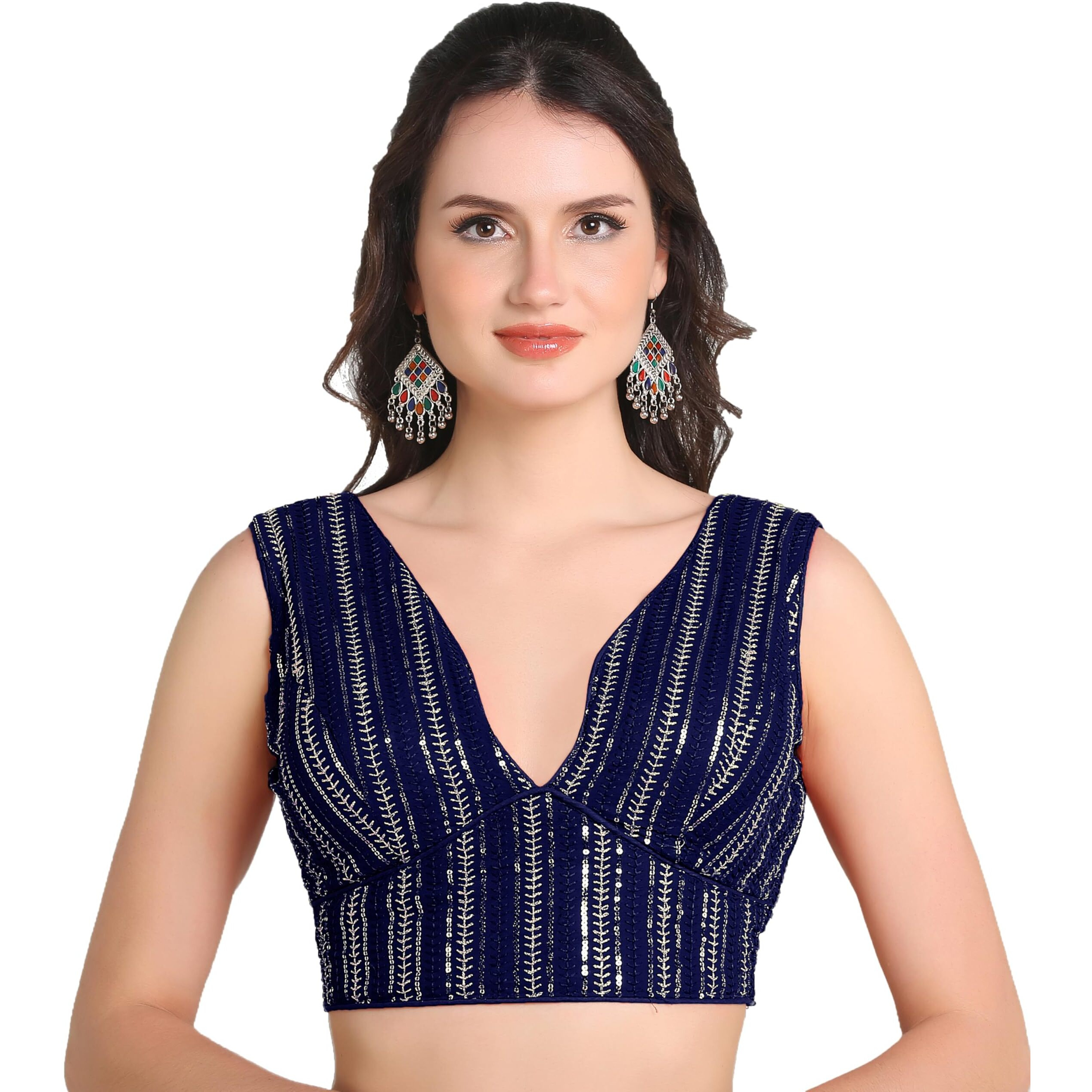 Pujia Mills Women's Indian Ethnic Wear Sabyasachi Sequence With Dhaga Embroidered Zari Work Sweetheart Neck Blouse Sleeveless Readymade Padded Saree Back Open String Pattern Blouse