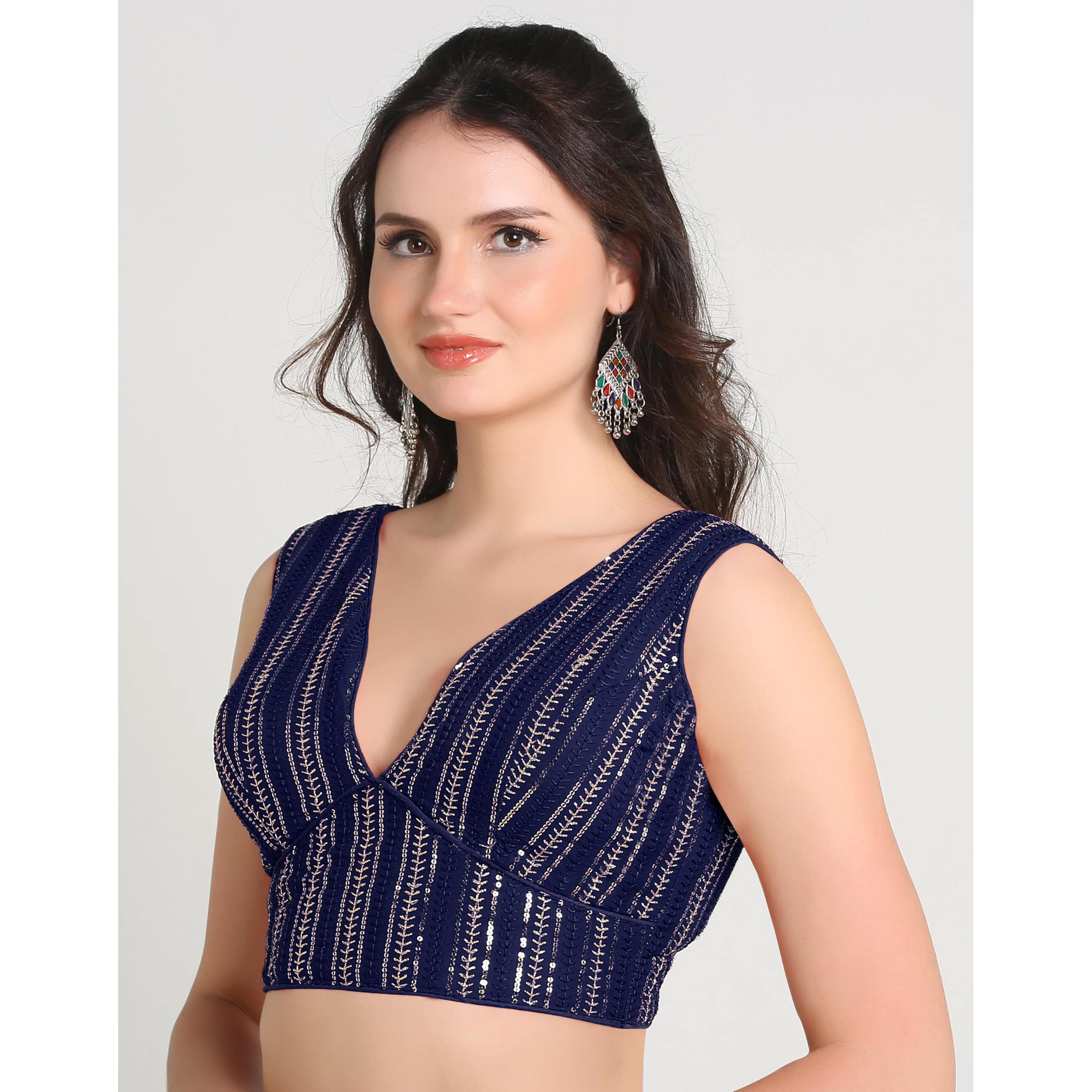 Pujia Mills Women's Indian Ethnic Wear Sabyasachi Sequence With Dhaga Embroidered Zari Work Sweetheart Neck Blouse Sleeveless Readymade Padded Saree Back Open String Pattern Blouse