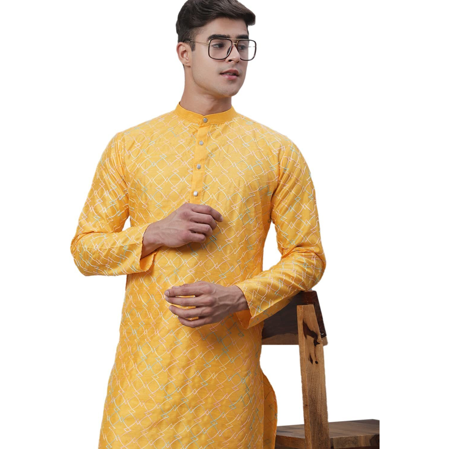 Sojanya (Since 1958 Men's Silk Blend Mustard Kurta With Multi Color Embroidery