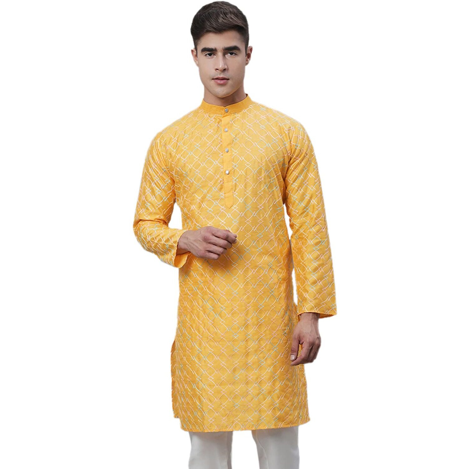 Sojanya (Since 1958 Men's Silk Blend Mustard Kurta With Multi Color Embroidery