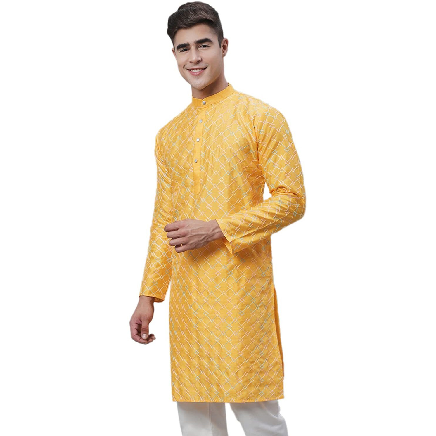 Sojanya (Since 1958 Men's Silk Blend Mustard Kurta With Multi Color Embroidery