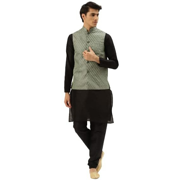 Sojanya (Since 1958 Men's Silk Blend Black Kurta Pyjama & Teal Green Self Design Nehru Jacket Combo