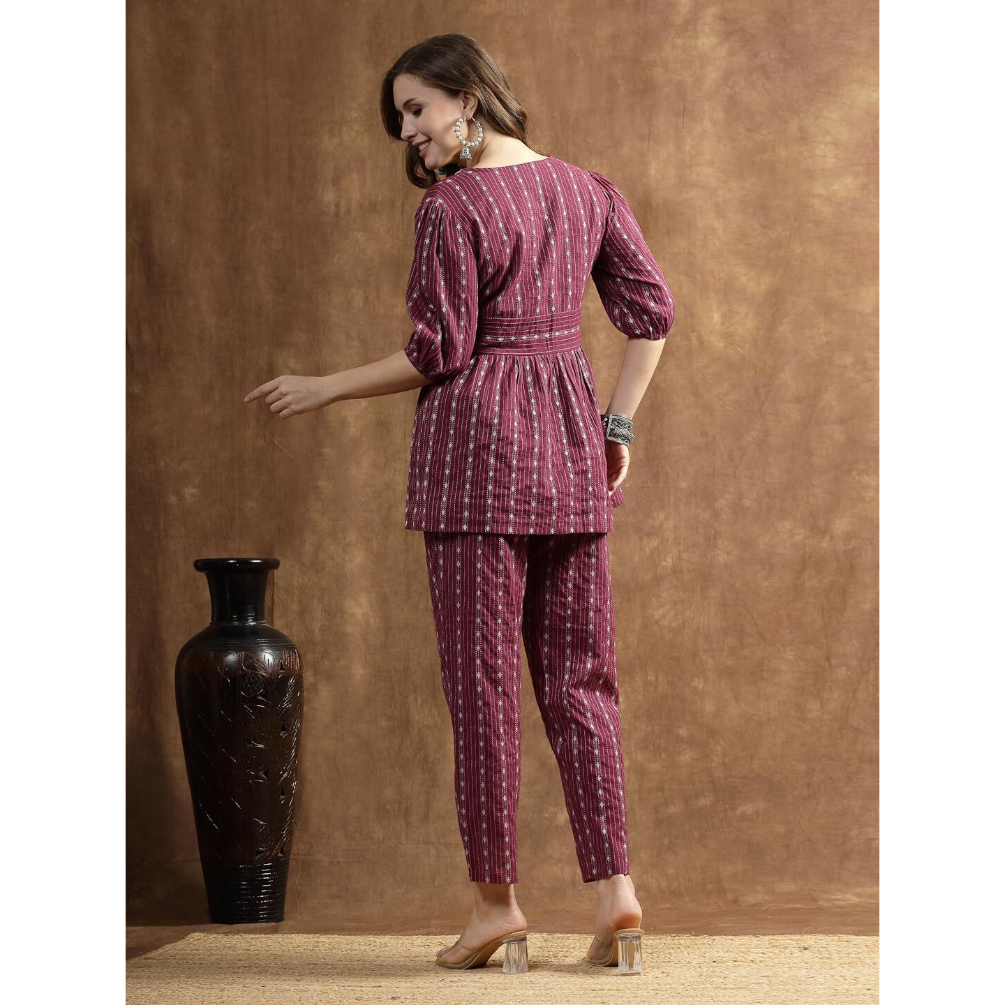 Stylum Women's Woven Design Cotton Co-Ord Set (Csramyawine36, Wine, S)