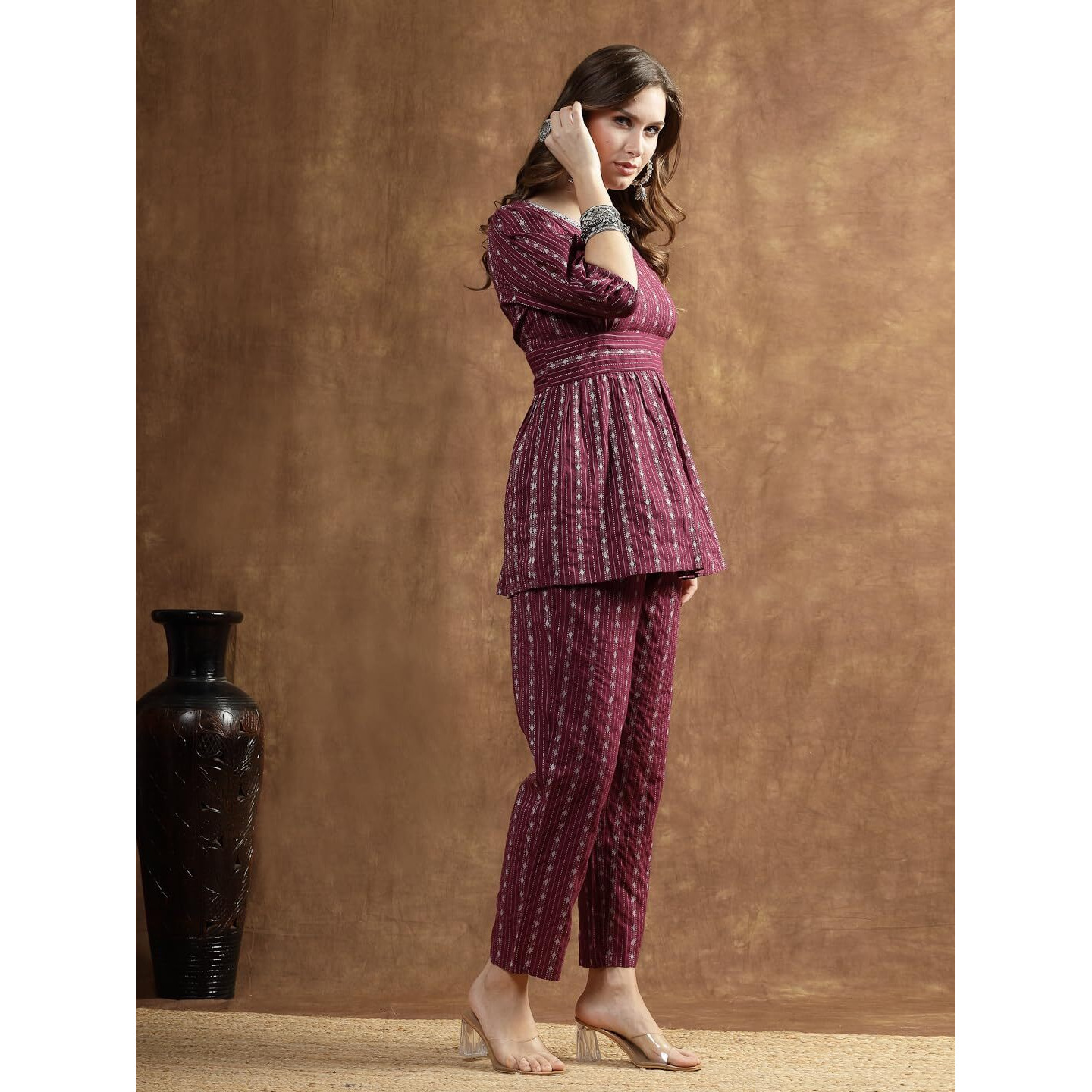 Stylum Women's Woven Design Cotton Co-Ord Set (Csramyawine36, Wine, S)
