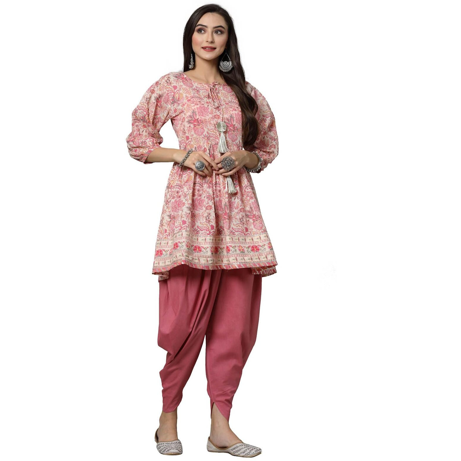 Stylum Women's Floral Printed Cotton Kurti With Dhoti Pant (Kdsmith44_Pink, Xxl)