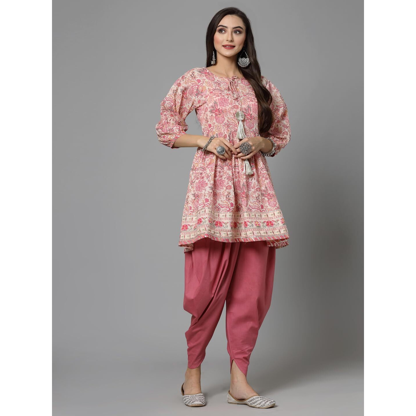 Stylum Women's Floral Printed Cotton Kurti With Dhoti Pant (Kdsmith44_Pink, Xxl)
