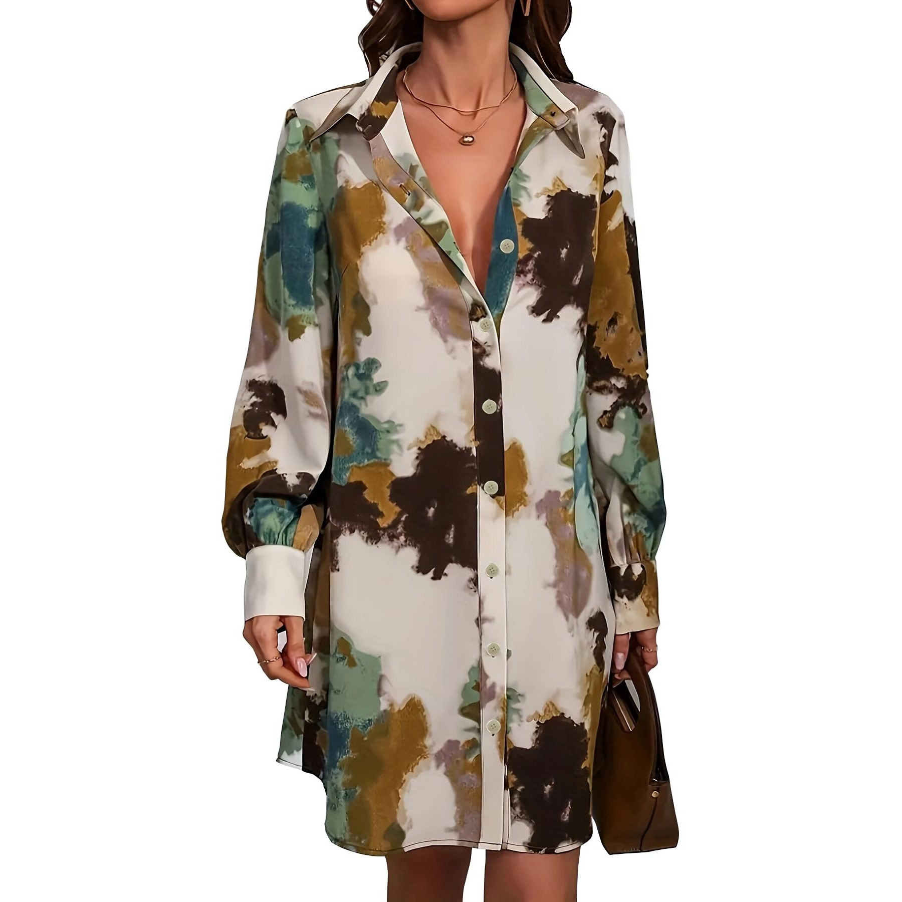 Shasmi Women's & Girl's Green And Brown Tie Dye Print Button Front Shirt Dress, Elegant Long Sleeve Dress For Spring & Fall, Womens Clothing Versatile For All Seasons (Shirt 201 Green Brown-S)