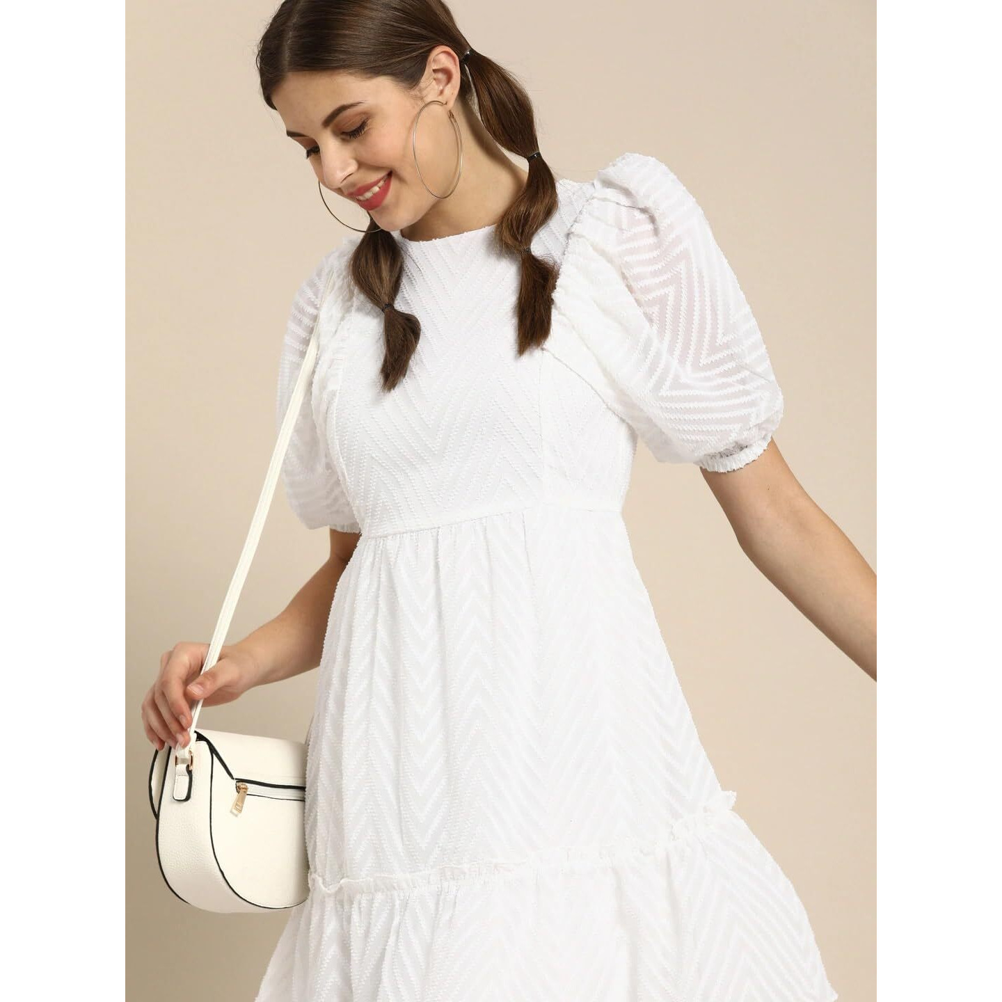 Sugathari Women's White Dobby Pattern Geometric A-Line Dress For Women (Dress2 79 White S)