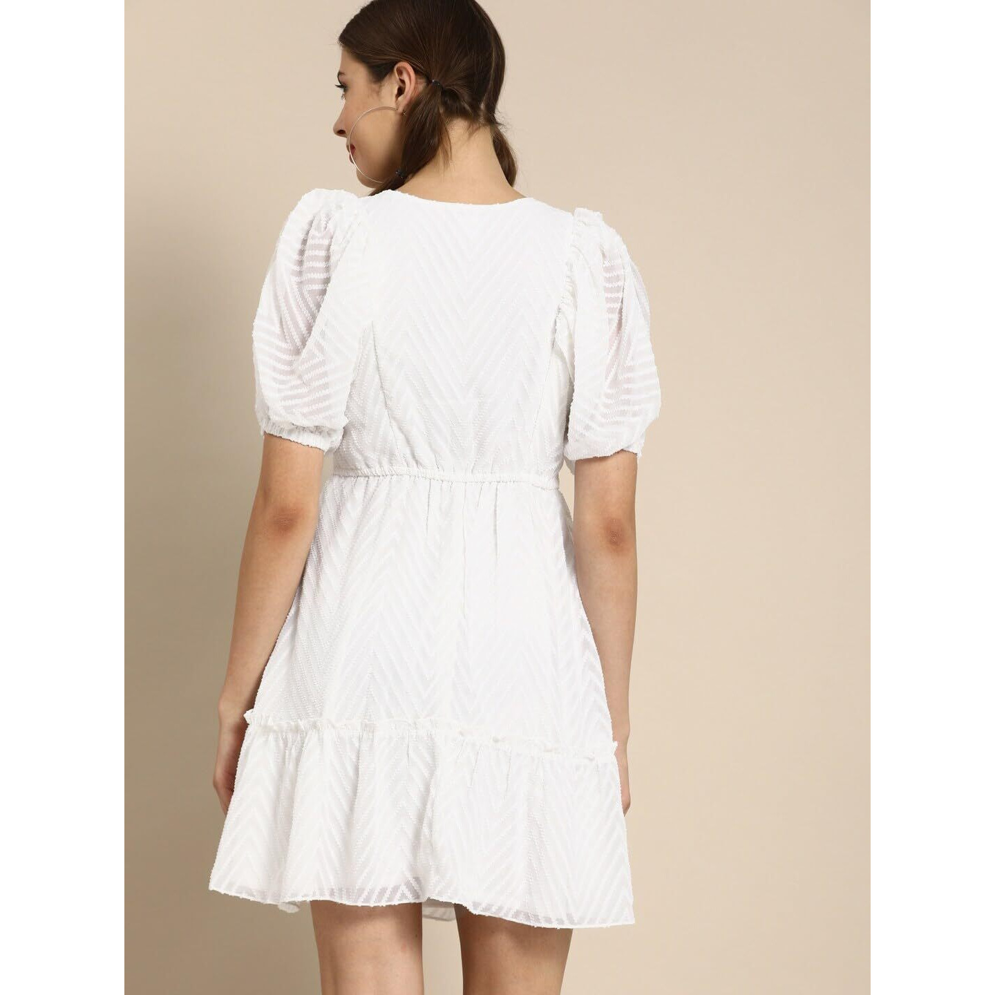 Sugathari Women's White Dobby Pattern Geometric A-Line Dress For Women (Dress2 79 White S)