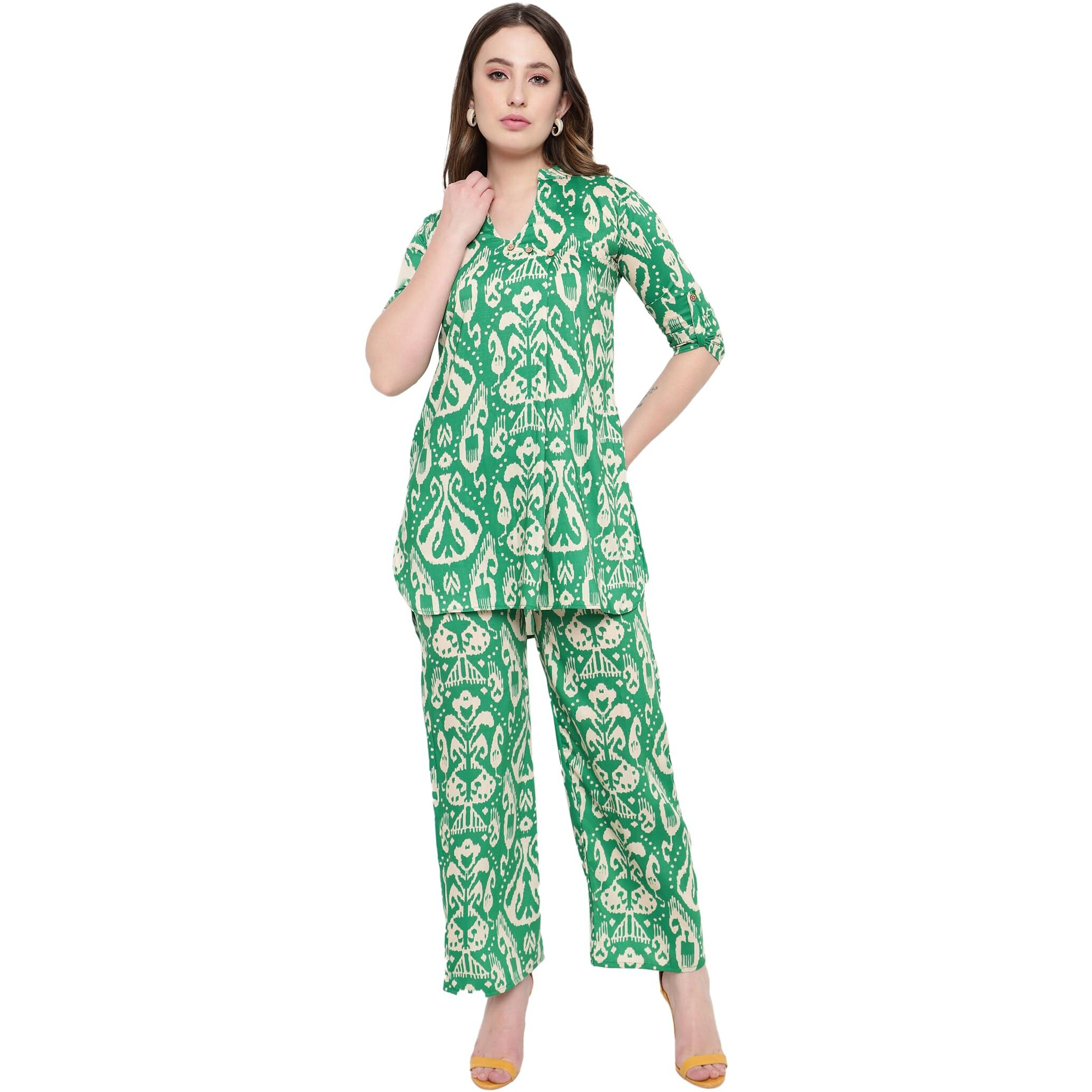Shasmi Women's Dress Batik Green V-Neck Co-Ods Set For Women (Co-Ods 97 Batik Green M)