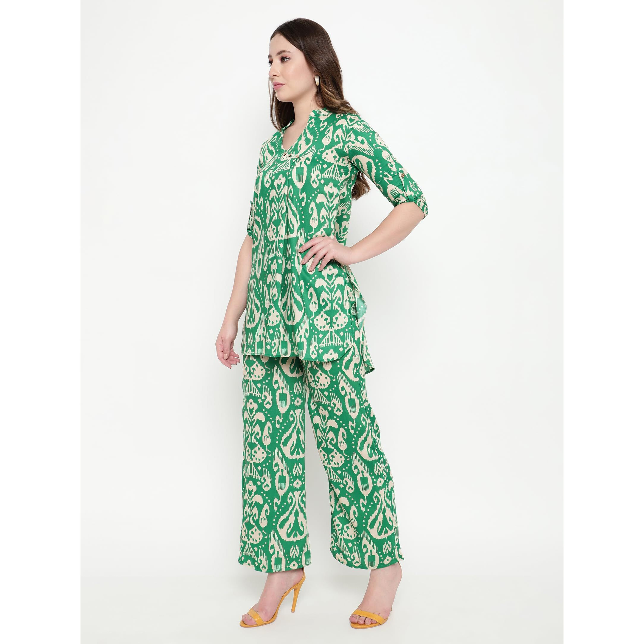 Shasmi Women's Dress Batik Green V-Neck Co-Ods Set For Women (Co-Ods 97 Batik Green M)