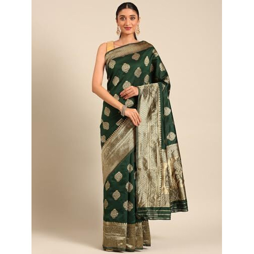 Shiv Textiles Women's Banarasi Silk Saree With Unstitched Blouse (Green)