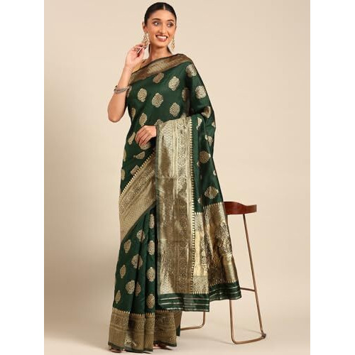 Shiv Textiles Women's Banarasi Silk Saree With Unstitched Blouse (Green)