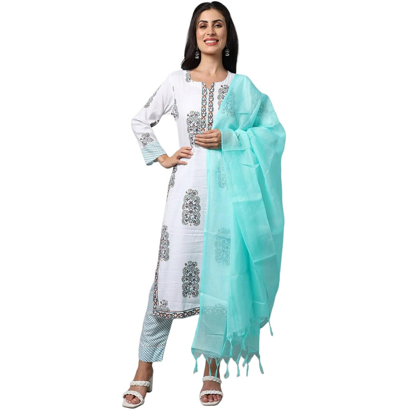 Tee Projekt Women's Cotton Blend Sweetheart Neck Straight Kurta Pant With Dupatta Set Sea Green