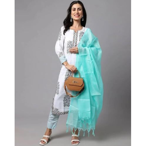 Tee Projekt Women's Cotton Blend Sweetheart Neck Straight Kurta Pant With Dupatta Set Sea Green