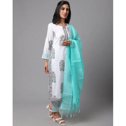 Tee Projekt Women's Cotton Blend Sweetheart Neck Straight Kurta Pant With Dupatta Set Sea Green
