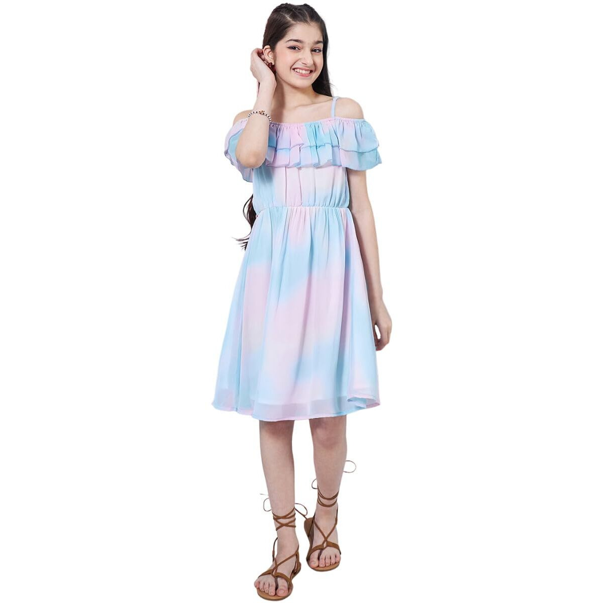 Pspeaches Girl's Off-Shoulder Tie Dye Georgette Fit Flare Dress Blue Color Trandy Style Casual Wear (14-15Years)