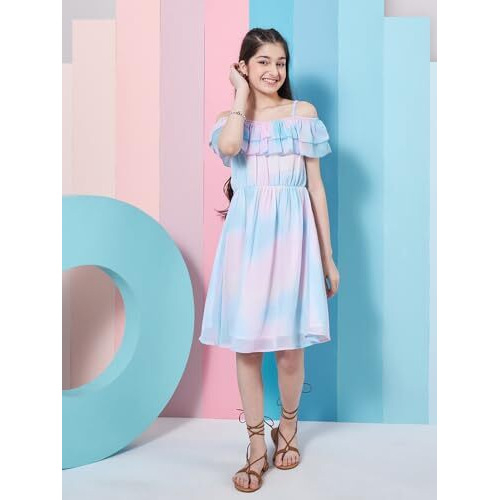 Pspeaches Girl's Off-Shoulder Tie Dye Georgette Fit Flare Dress Blue Color Trandy Style Casual Wear (14-15Years)