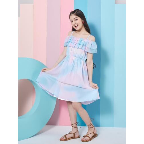 Pspeaches Girl's Off-Shoulder Tie Dye Georgette Fit Flare Dress Blue Color Trandy Style Casual Wear (14-15Years)