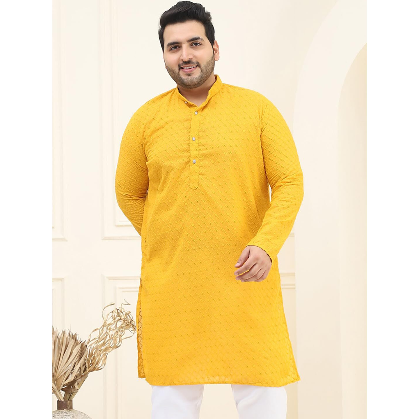 Sojanya Plus(Since 1958) Men's 100% Cotton Mustard Chikankari Kurta