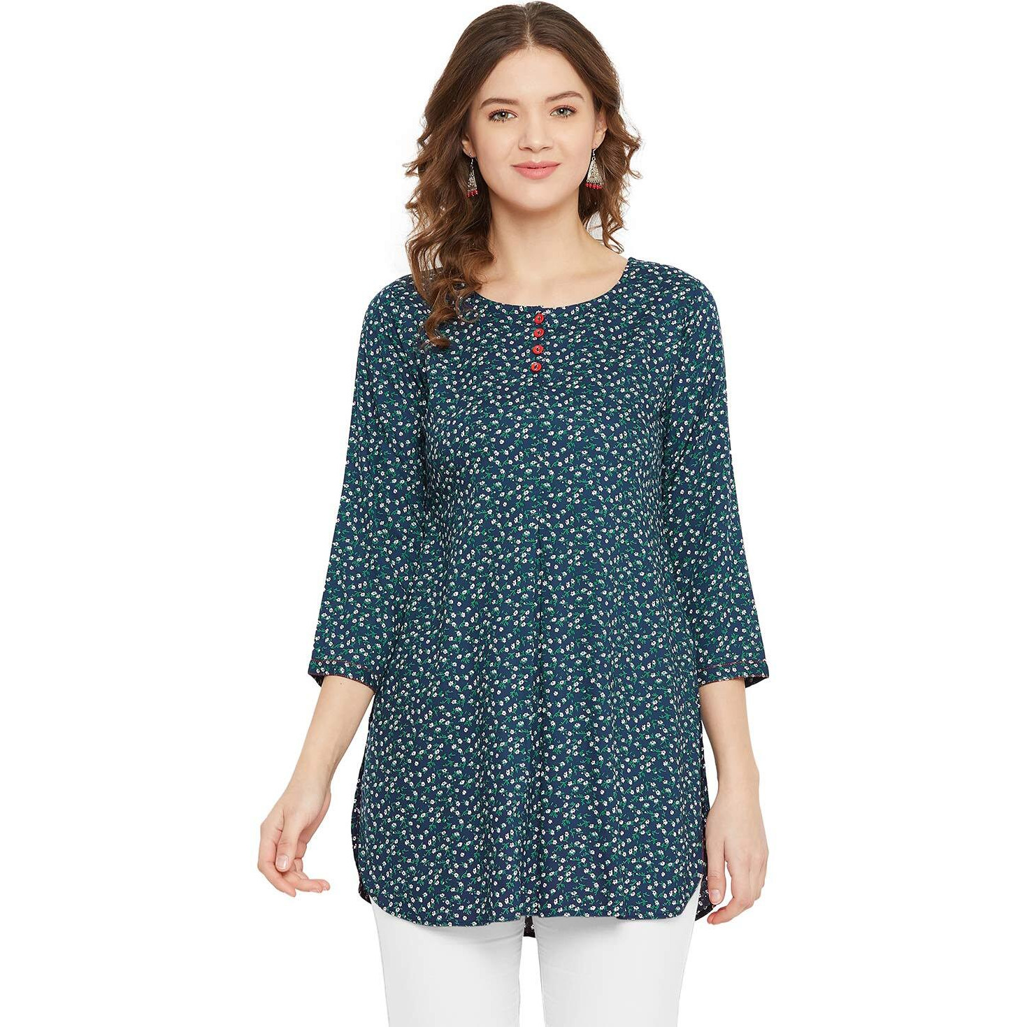 Tissu Women's Navy Blue & Green Floral Printed Straight Kurti (Dark Blue_L)