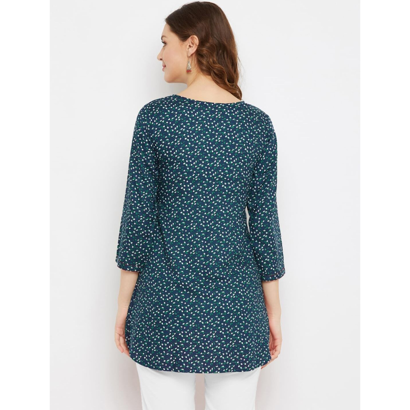 Tissu Women's Navy Blue & Green Floral Printed Straight Kurti (Dark Blue_L)