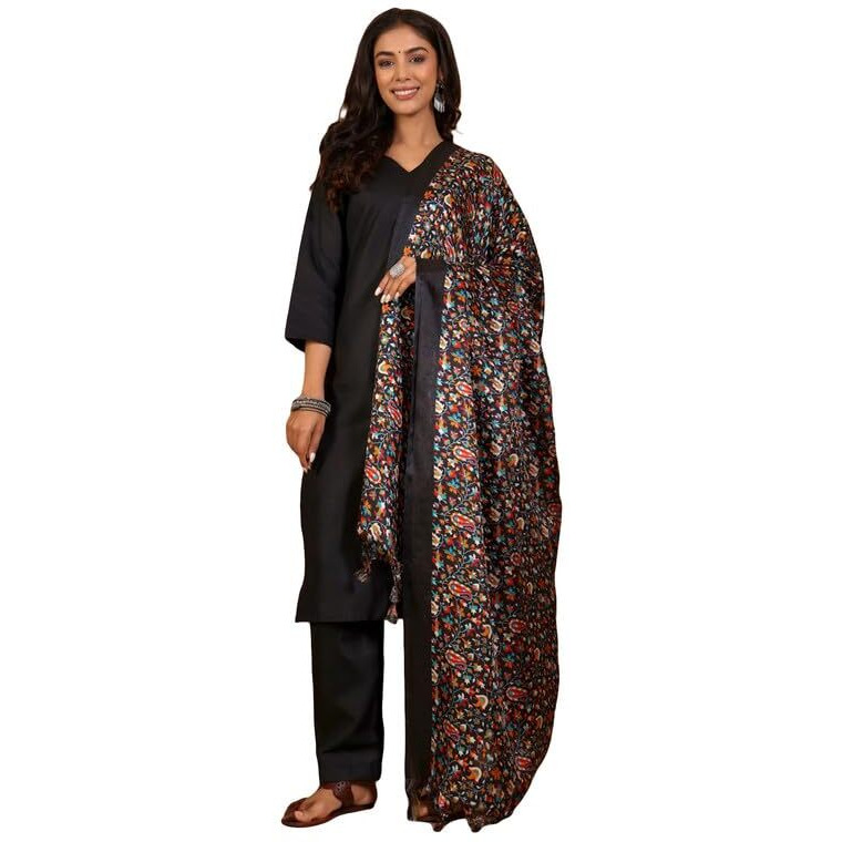 Varanga Women's Black V-Neck Kurta Set With Ankle-Length Pants & Kalamkari Dupatta  Elegant Ethnic Wear For Festive & Casual Occasions (Extra Large)