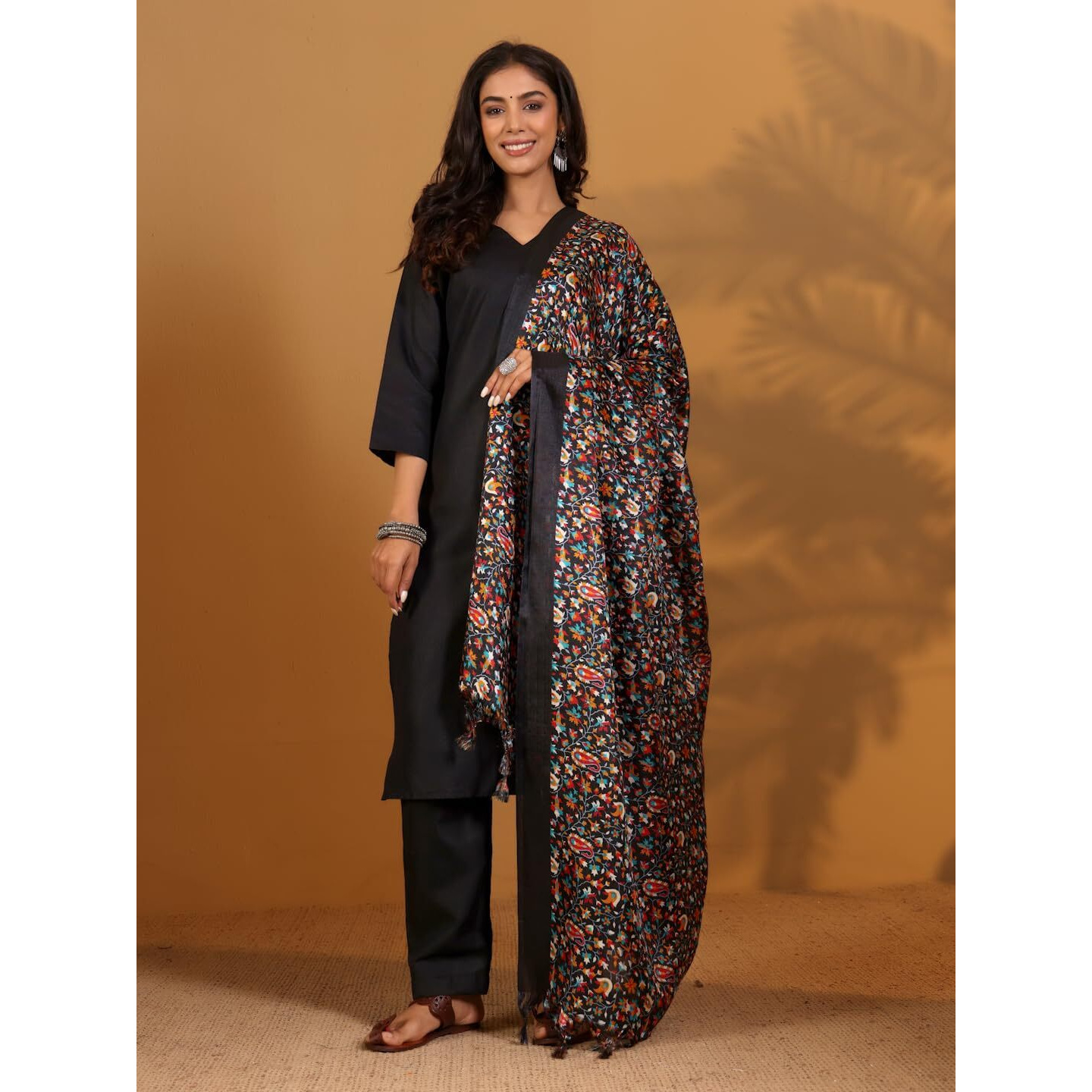 Varanga Women's Black V-Neck Kurta Set With Ankle-Length Pants & Kalamkari Dupatta  Elegant Ethnic Wear For Festive & Casual Occasions (Extra Large)