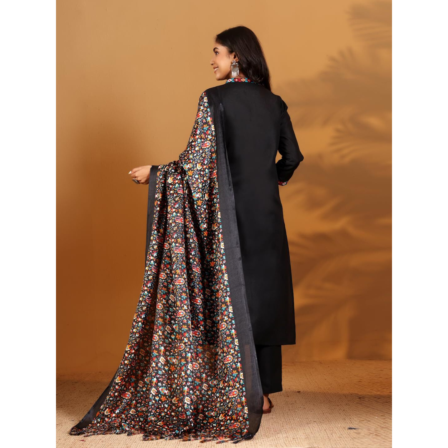 Varanga Women's Black V-Neck Kurta Set With Ankle-Length Pants & Kalamkari Dupatta  Elegant Ethnic Wear For Festive & Casual Occasions (Extra Large)