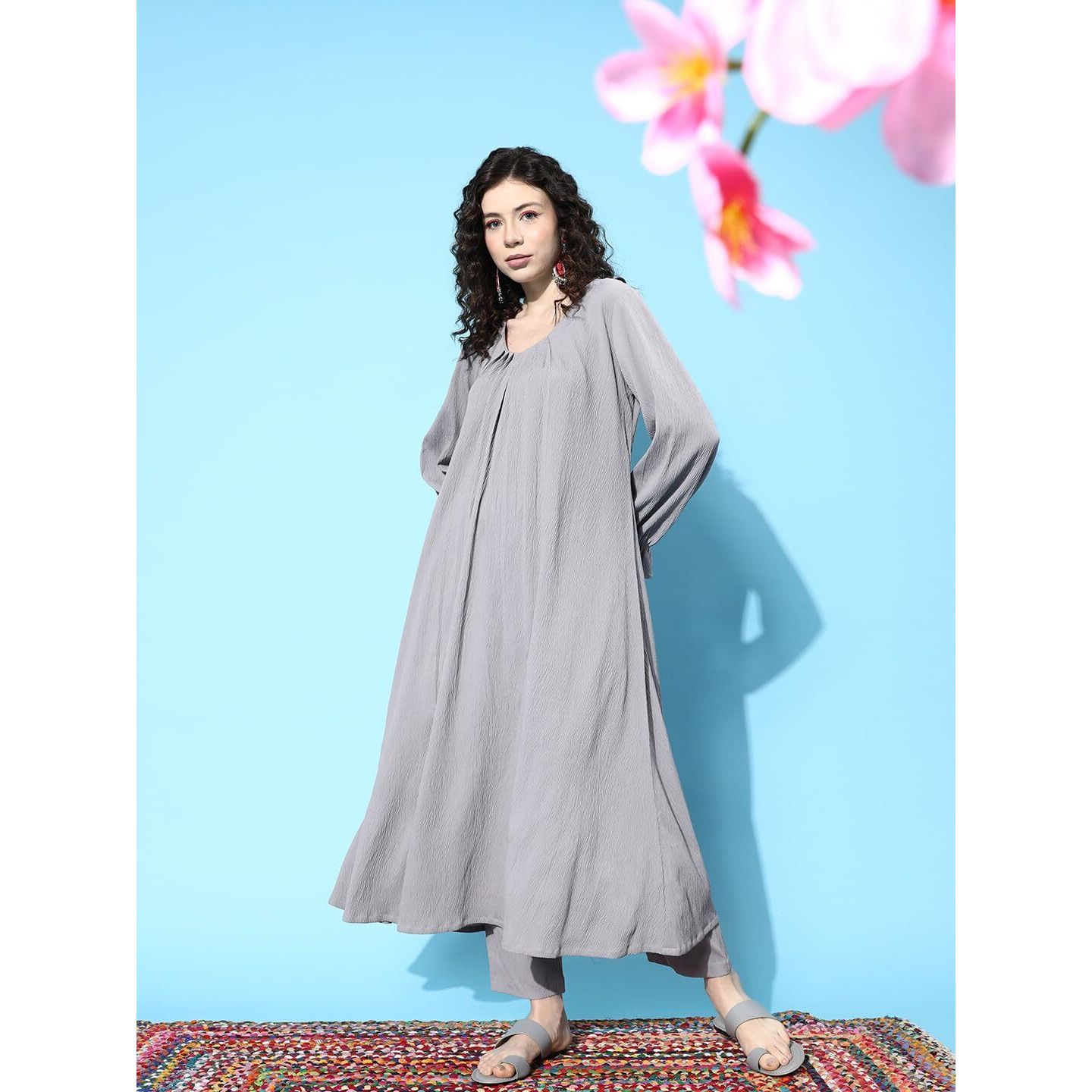Varanga Women Grey Colour, Bishop Sleeve A-Line Kurta Paired With Tonal Bottom